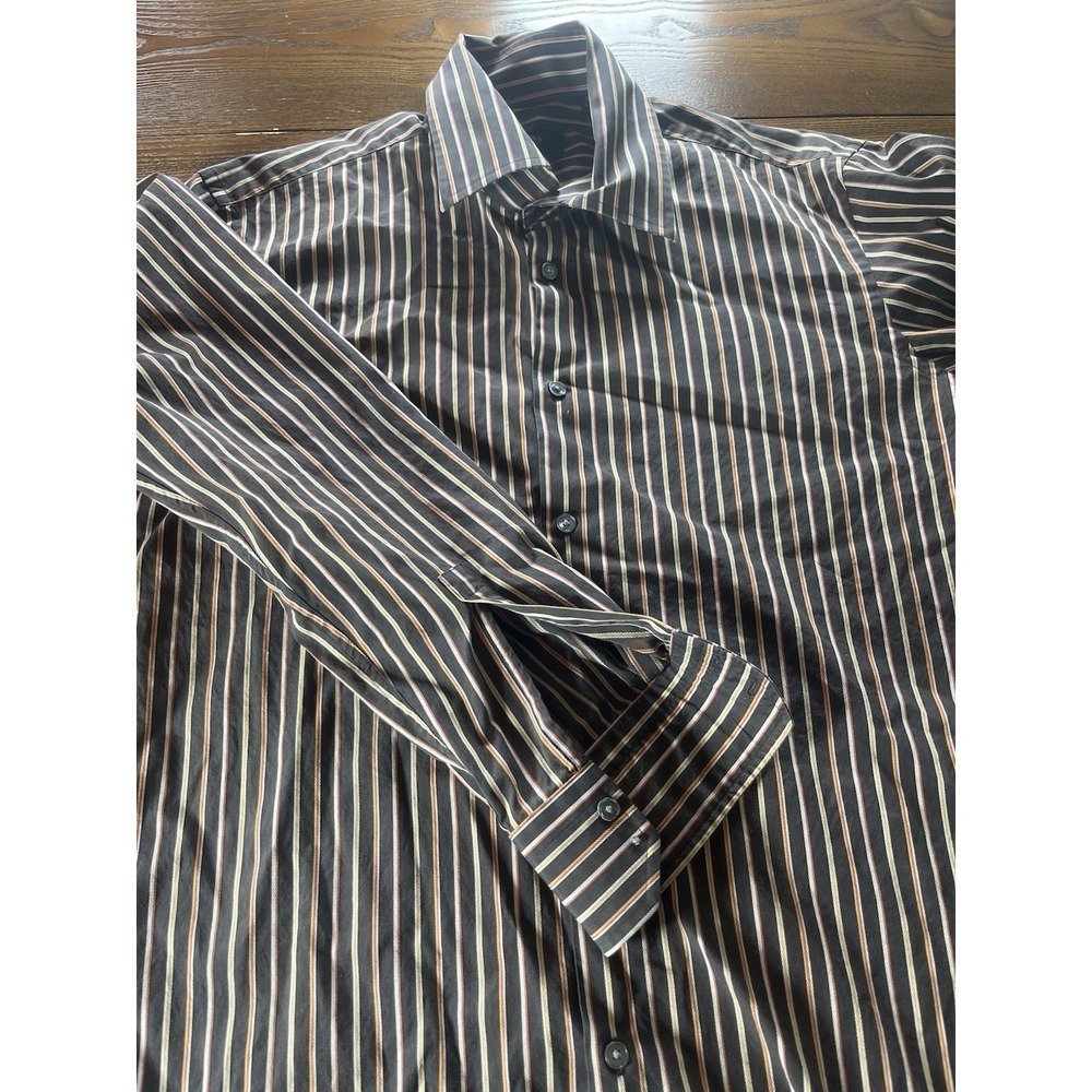 Hugo Boss Men's Brown Striped Cotton Button Up Dress Shirt Size 16-(34/35)